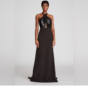 Halston Heritage Black Sequin Halter Backless Dress